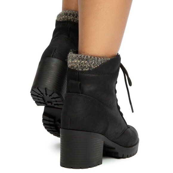 New Black Lace-Up Combat Ankle Booties Boots Block Heel Lug Platform Knit Collar - Picture 6 of 6